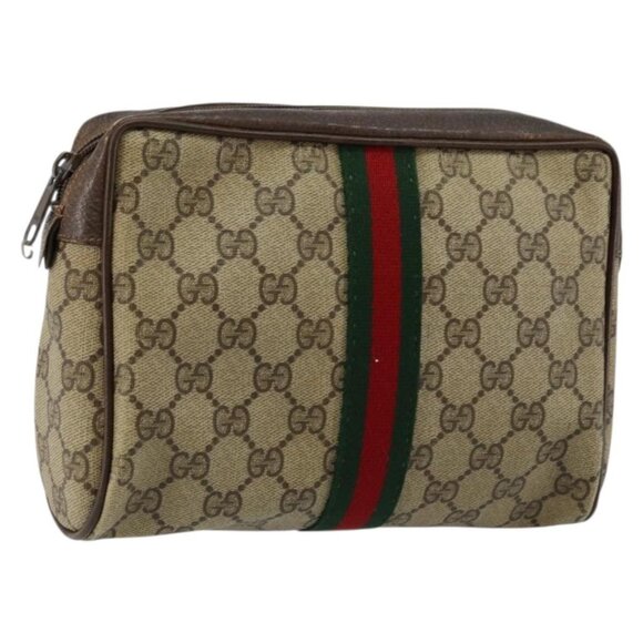GUCCI GG Supreme Web Sherry Line Clutch Bag PVC Beige Red 75 01 012 Auth th6368 - Picture 1 of 16